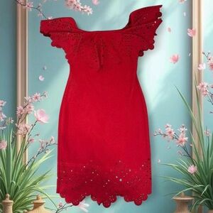 Red lace off shoulder mini dress with ruffle and eyelet details